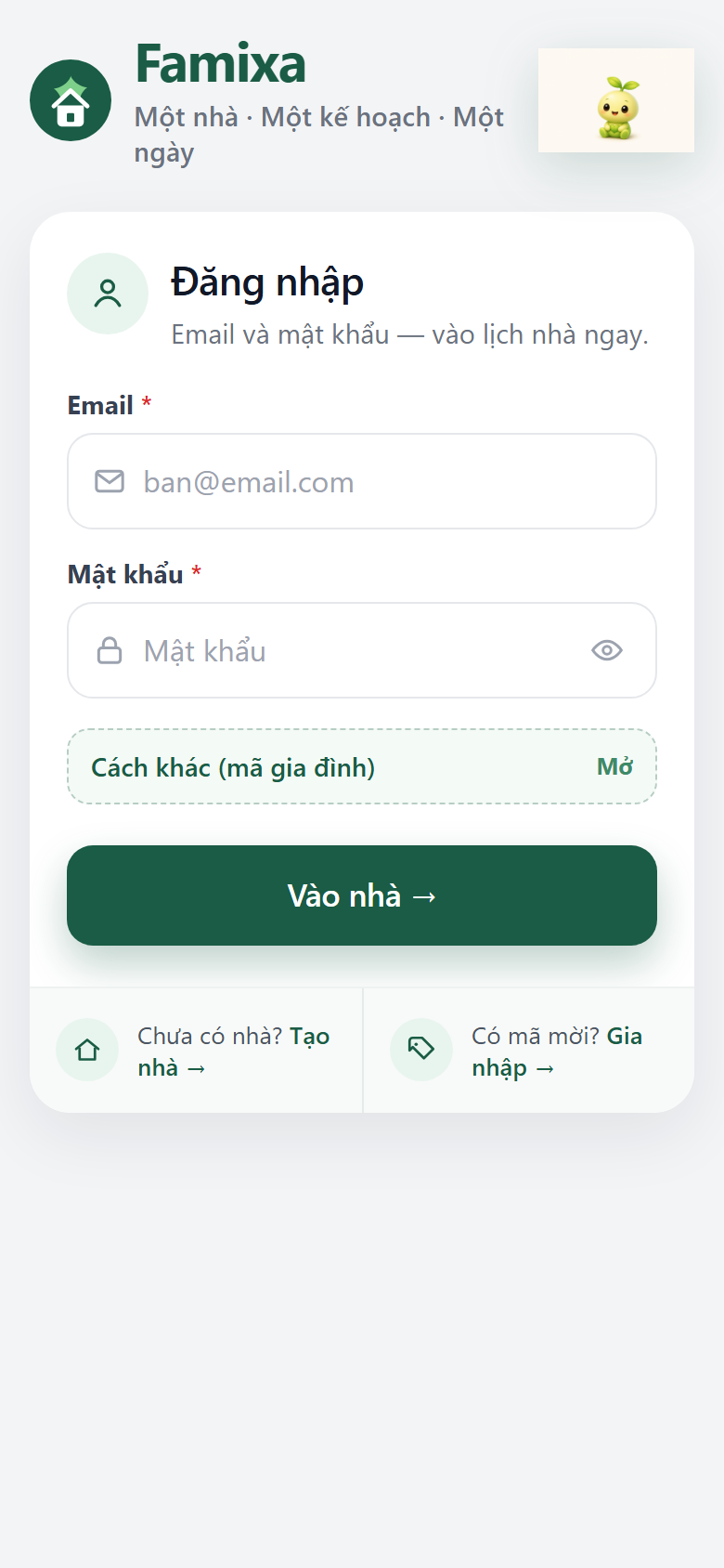 Màn đăng nhập Famixa — email và mật khẩu