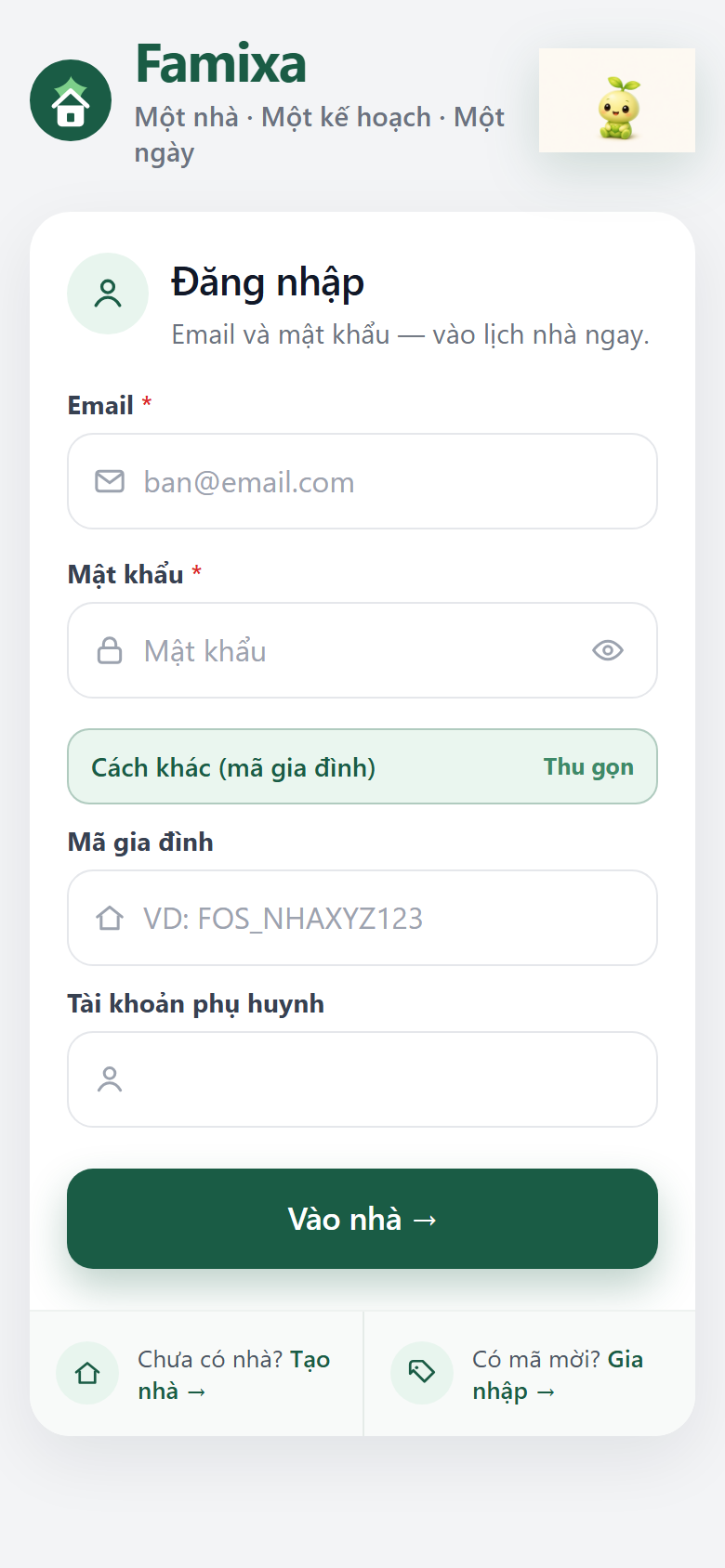 Đăng nhập — mở Cách khác (mã gia đình)