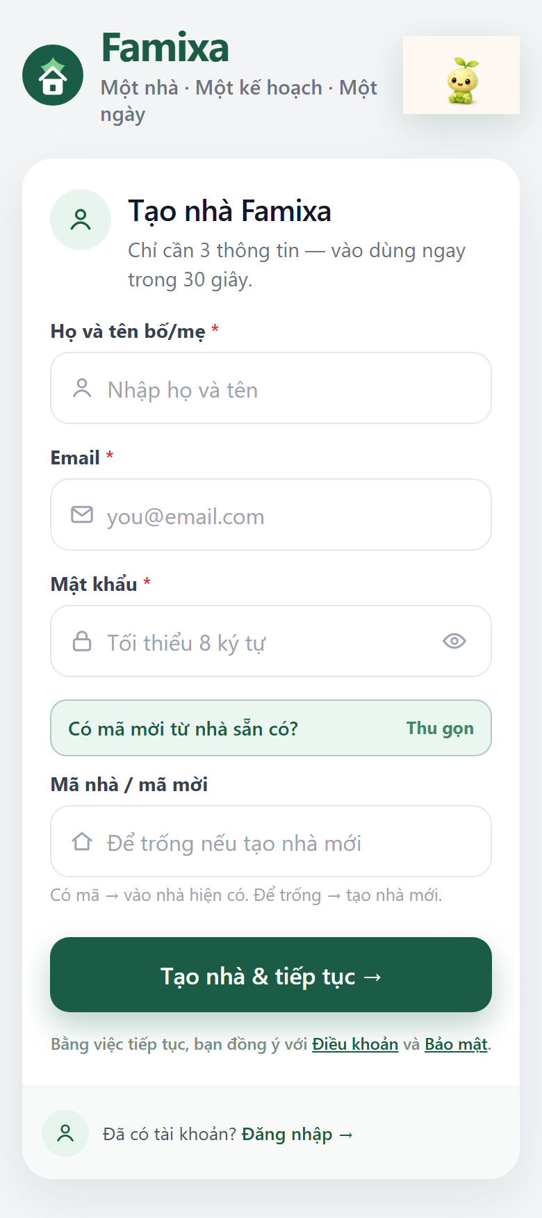 Ô nhập mã mời trên màn tạo nhà