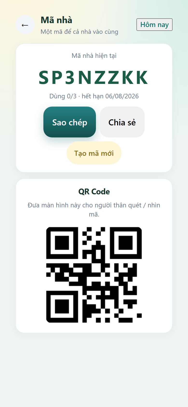 Quản trị → Mã nhà — sao chép, chia sẻ, QR