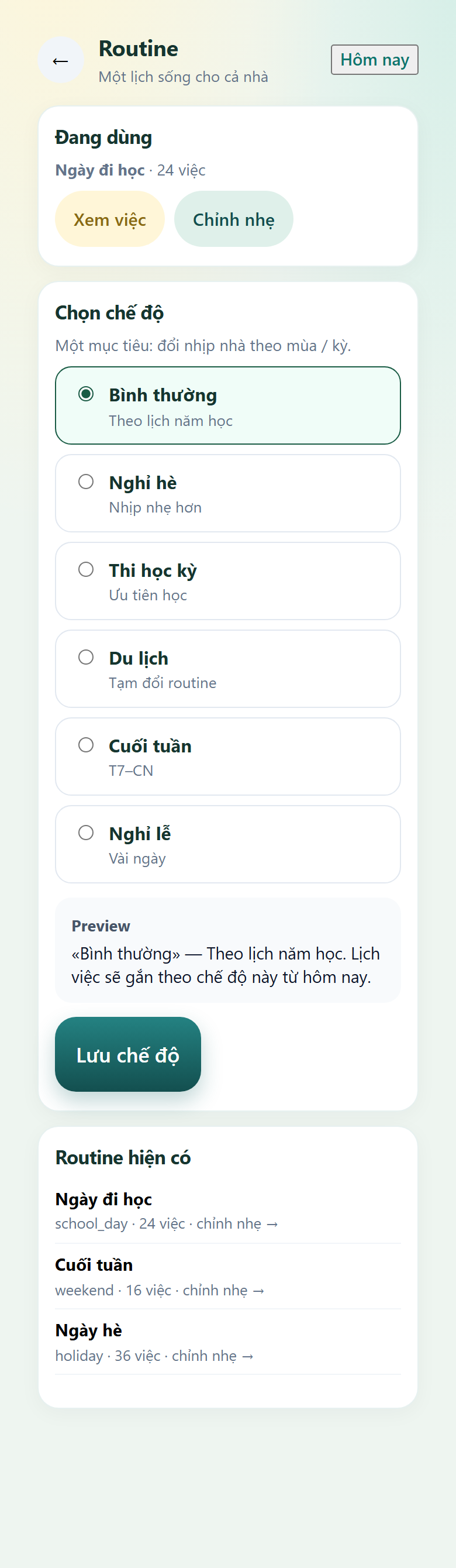 Quản trị → Routine — chế độ và chỉnh nhẹ