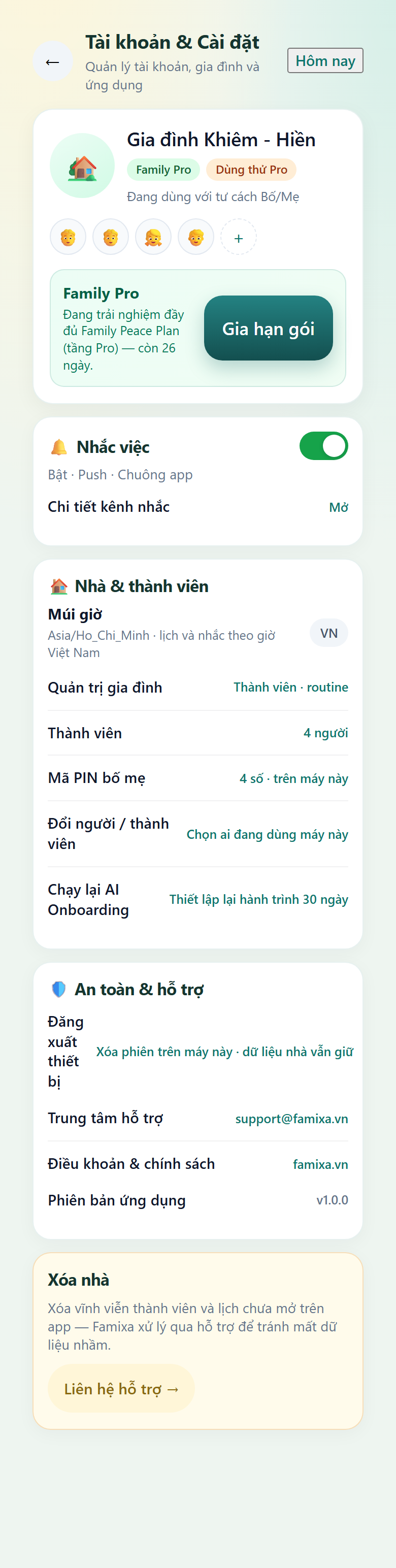 Tài khoản & Cài đặt — gói, nhắc việc, PIN